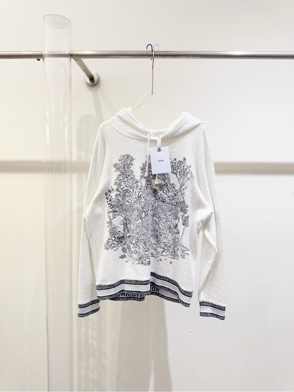 Dior White Hooded Sweatshirt with Gray Botanical Print